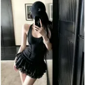 中國夏天新款街頭潮流素色掛脖洋裝女裝顯瘦V領無袖露背A字洋裝