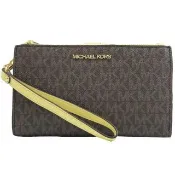 【Michael Kors】新版滿版MK LOGO手提式雙拉鍊手機長夾(深咖/黃)