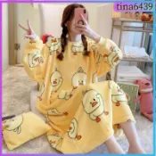 居家服 家居服 珊瑚絨睡衣女2021年新款秋冬加厚保暖可愛寬松大碼胖mm孕婦睡裙子 絲綢睡裙  絲質 女生寬鬆加大尺碼
