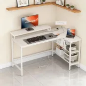 (店+)[快速出貨]110cm L型轉角書桌 電腦辦公學習桌 附螢幕架 簡易組裝 台灣免運