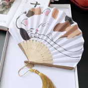 ⭐棉布 漢服 和風 折扇子 折疊 可愛貓咪 山茶花 貝殼扇 隨身 便攜 古風小扇子1126