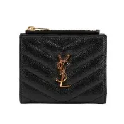 【YSL】山形紋荔枝皮金字logo暗釦短夾(黑)