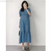 超讚CP❥大尺碼魚尾裙長裙夏季胖mm法式小眾設計感四葉草印花克萊因藍洋裝