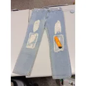 【二手良好】 SOMEONE正品 M碼 淺藍大破洞 抽絲補丁直筒牛仔褲 棉質親膚 彈性修身九分長褲 顯瘦率性街頭美腿高挑
