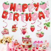 ⭐簡易安裝⭐草莓主題生日快樂派對裝飾套裝生日蛋糕插旗螺旋吊卡派對裝飾用品