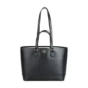 GUCCI Ophidia 雙G金字LOGO皮革搭帆布內襯手提肩背托特包(迷你/黑)