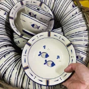 💙生活主義💙魚水情深復古藍邊魚紋陶瓷碗盤套裝家用釉下彩米飯碗菜盤年年有魚