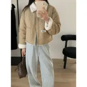 (店+)【FEE BABY】羊羔毛翻領菱格紋排釦鋪棉外套夾克 秋冬外套 保暖外套 微麵包外套 秋冬女裝 杏色 卡其色 黑色
