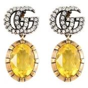 【GUCCI 古馳】經典GG LOGO復古水晶墜飾針式耳環(古銅金/黃)