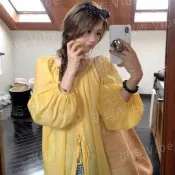 【琪屿·Vibe】度假風綁帶燈籠袖襯衫 寬鬆小衫 洋裝 綁帶V領露背長袖連衣裙 防曬兩面穿 甜美淑女 休閒A字版短裙