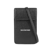 【Balenciaga 巴黎世家】白字Logo 牛皮手機包/斜背包(黑色)