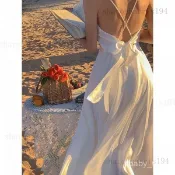 白色弔帶緞麵露背洋裝 海邊度假顯瘦透氣修身A字裙露背洋裝 度假洋裝 洋裝喜宴  輕婚紗 伴娘洋裝 長洋裝rris
