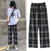 黑白格子褲子女寬鬆直筒垂感高腰顯瘦夏季韓版休閑古著格紋闊腿褲 格紋長褲 格紋褲 格子褲 格子長褲