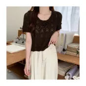 (店+)【HanVo】現貨 鏤空洞洞蝶結綁帶針織衣(甜美氣質U領短版 韓系女裝 女生衣著 A01-0146)