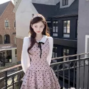 甜美千金禮物 粉色拼接蛋糕傘擺連衣裙 少女學院假兩件 蛋糕連身裙 洋裝 公主風 派對穿搭