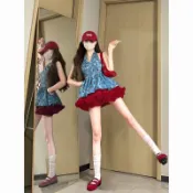 會琴服飾 韓版 ins風|夏季新款韓系甜美藍色V領上衣收腰顯瘦紅色蓬蓬裙網紗短裙子套裝