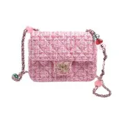 CHANEL 經典MINI COCO 琺瑯雙 C LOGO粉紅毛呢彩色珠子綴飾肩背/斜背包(17CM-粉紅色)