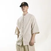 夏季中國風棉麻七分袖襯衫男   復古亞麻漢服 薄上衣 寬鬆盤扣立領襯衫 唐裝