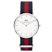 DW Daniel Wellington 經典藍紅帆布時尚女錶-銀框/36mm~贈手環項鍊
