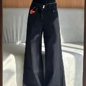 愛依依 牛仔長褲 寬褲 寬褲 直筒褲中大尺碼 S-4XL新款美式高腰雙扣直筒闊腿牛仔褲拖地褲垂感不貼腿遮胯-14523.