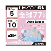 【LINKGO】白鑽卡 全球77國 eSIM卡 5天上網卡 總流量10GB(全球網卡 亞洲 歐洲 美洲 大洋洲 非洲)