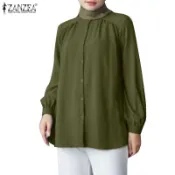 Zanzea 女士穆斯林泡泡袖立領純色寬鬆襯衫