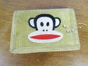 [佩姬蘇 皮夾](已絕版)2003年PAUL FRANK大嘴猴咖啡色燈芯絨三折夾-皮夾短夾卡通圖案中款錢包正版