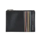 【Paul Smith】PAUL SMITH金字簽名LOGO小牛皮彩色條紋設計2卡拉鍊卡夾包(黑)