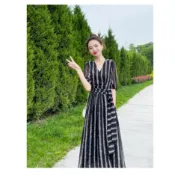 條紋 長裙 2024年夏季新款法式 雪紡 黑色 洋裝 女收腰顯瘦裙子 大擺裙