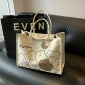 喜挖2店 【喜挖】韓版卡通帆布單肩包包女大容量托特包可愛出行媽咪包休閒旅行包
