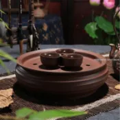【臺灣出貨】紫砂茶盤 圓形 功夫茶具 茶海 茶船 茶臺 茶具配件 紫砂茶具 功夫茶盤 茶道專用 茶盤 茶托 儲水式 排水
