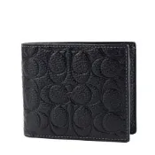 COACH 男款 鵝卵石紋壓印LOGO八卡短夾-黑色/附證件夾
