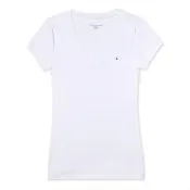 【TOMMY HILFIGER】TOMMY 經典V領刺繡小LOGO素面短袖T恤-女-白色(平輸品/素T/短T)