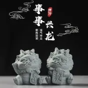 臺灣現貨【現貨速發】鍾是國風生肖龍年創義禮品石獅子仿石雕家居捉棉擺見青砂石擺見小青龍石龍舞龍舞獅#龍年