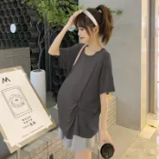 圓領莫代爾棉抓皺顯瘦孕婦長版上衣 兩色【CWH194307】孕味十足