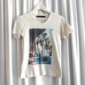 二手中古tee Bling Leads米白色彩色椰樹植絨印花TEE 渡假休閒風