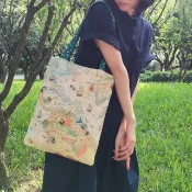 STEPHY手繪世界地圖帆布袋-拉鍊帆布包/帆布提袋/帆布托特包