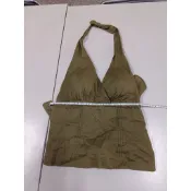 【二手良好】 歐美渡假風 F碼 軍綠美胸 繞頸吊帶上衣 舒適純棉 露背背心深V領高腰綁帶顯瘦馬甲日常休閒派對穿搭
