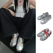 【J&H collection】韓系百搭氣質平底低跟雙色瑪莉珍鞋 娃娃鞋(銀色/銀紅色)