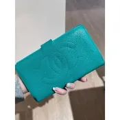 chanel vintage 綠色金祖母扣 長夾 皮夾 手拿包 皮包 錢包