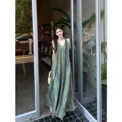 【復古紮染】度假風洋裝 海邊穿搭 掛脖V領連身裙 女 夏季 高級感 寬鬆 慵懶風 大擺裙 海邊長裙 渡假洋裝 度假洋裝
