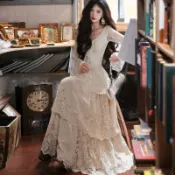 【臺灣出貨】【新品熱賣】法式複古輕婚紗三層塔蕾絲蛋糕裙女秋重工荷葉V領長裙氣質大裙擺