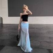 【鬆弛感】修身顯高  海邊網紗裙小個子藍色半身裙女夏季辣妹魚尾裙長裙氣質包臀裙裙子0816 B 