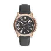 【FOSSIL】黑皮革玫瑰金三眼計時手錶 男錶 情人節(FS5085)