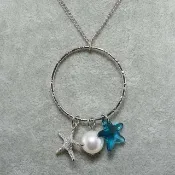 藍綠色海星 Swarovski 水晶 白色珍珠 海洋吊墜項鍊 飾品