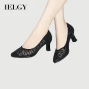 IELGY 皮革透氣高跟鞋女鞋頭網眼水鑽尖頭鏤空女涼鞋