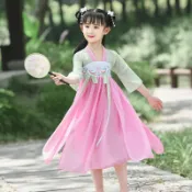銀聯網日用品生活館 改良刺繡漢服中國風連衣裙兒童演出服古裝仙女服七夕古箏演奏服裝1入
