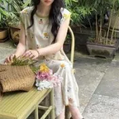 【韓國K.W.】韓國空運輕棉麻漫花誘情高品質免穿搭洋裝(小香風/輕量涼感/洋裝/休閒/日系/通勤/渡假)