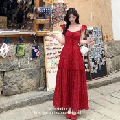 韓版夏天新款旅行度假性感雪紡紅色碎花長裙女裝顯瘦圓領露背無袖中長款A字洋裝