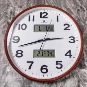 【現貨快速出貨】15吋38公分大尺寸客廳圓形大掛鐘日曆日期溫度溼度同時顯示雙高清晶屏大壁鐘超靜音時鐘木紋金色大